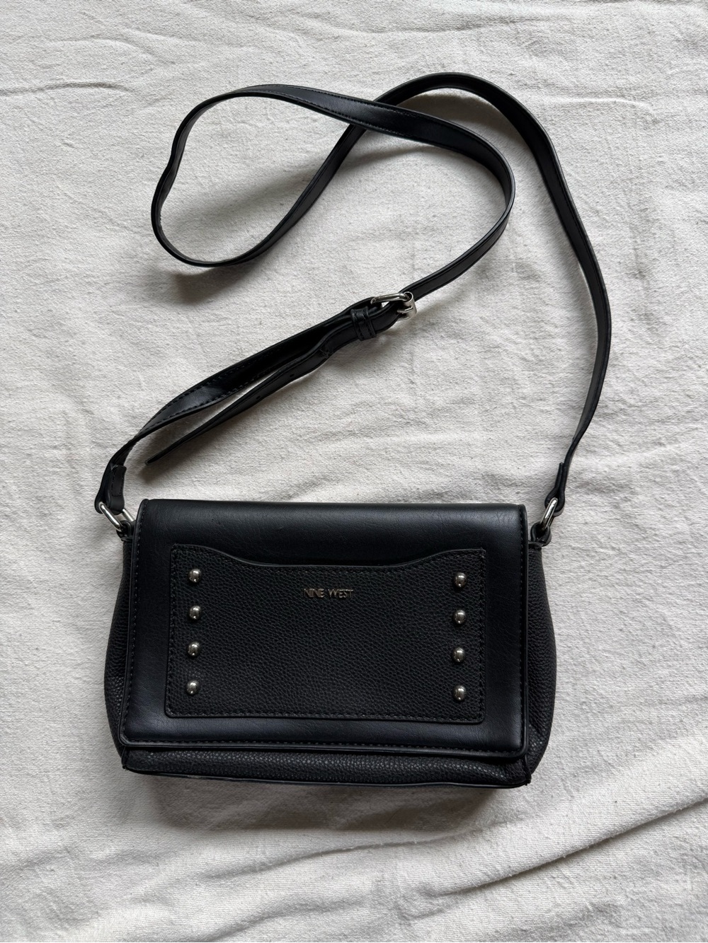 Nine West Black Pebbled & Smooth Crossbody with Studs, magnetic flap hardware